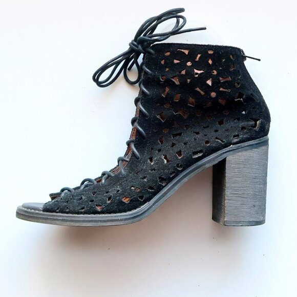 Jeffrey Campbell Black Suede Leather Block Heel Lace-up Sandals Bootie Shoes 8.5 - Picture 10 of 15